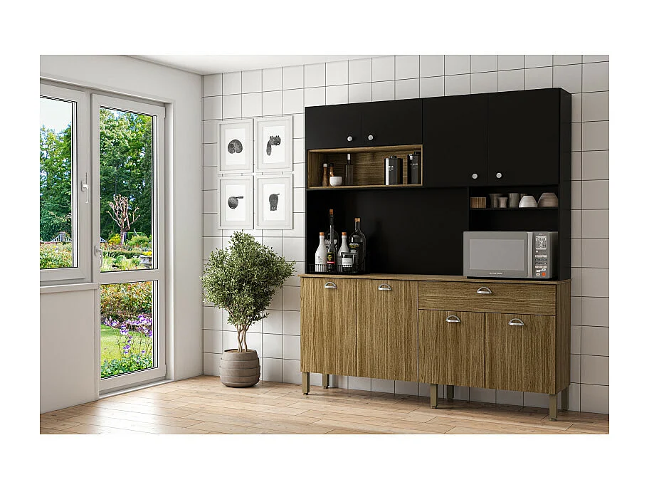 Buffet de Cuisine 8 Portes 1 Tiroir 10 NIches Chêne et Noir L 182.8 H 205 P 39.3 cm