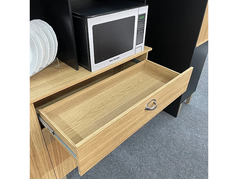 Buffet de Cuisine 8 Portes 1 Tiroir 10 NIches Chêne et Noir L 182.8 H 205 P 39.3 cm