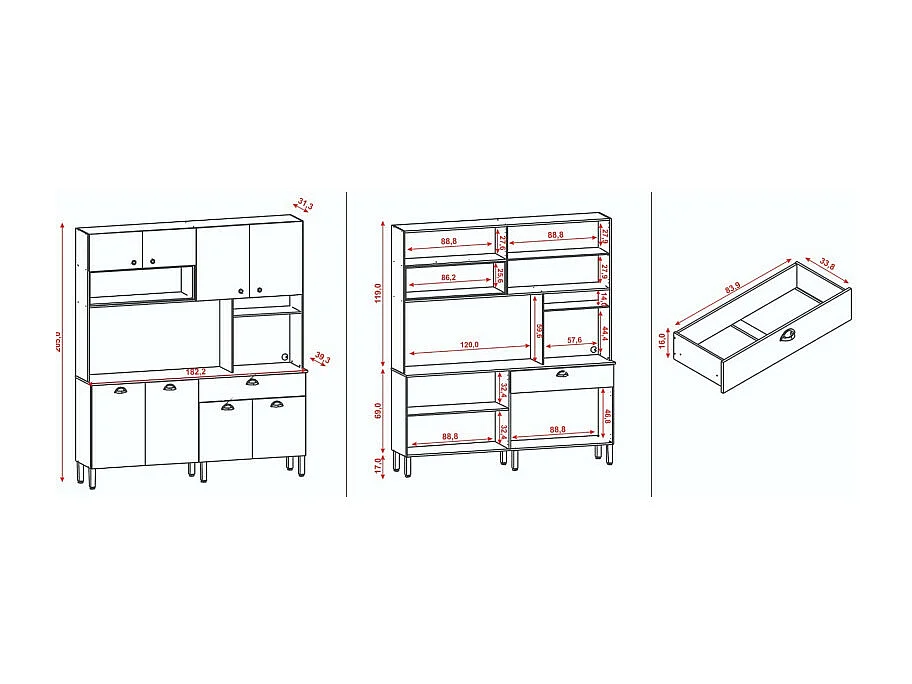 Buffet de Cuisine 8 Portes 1 Tiroir 10 NIches Chêne et Noir L 182.8 H 205 P 39.3 cm