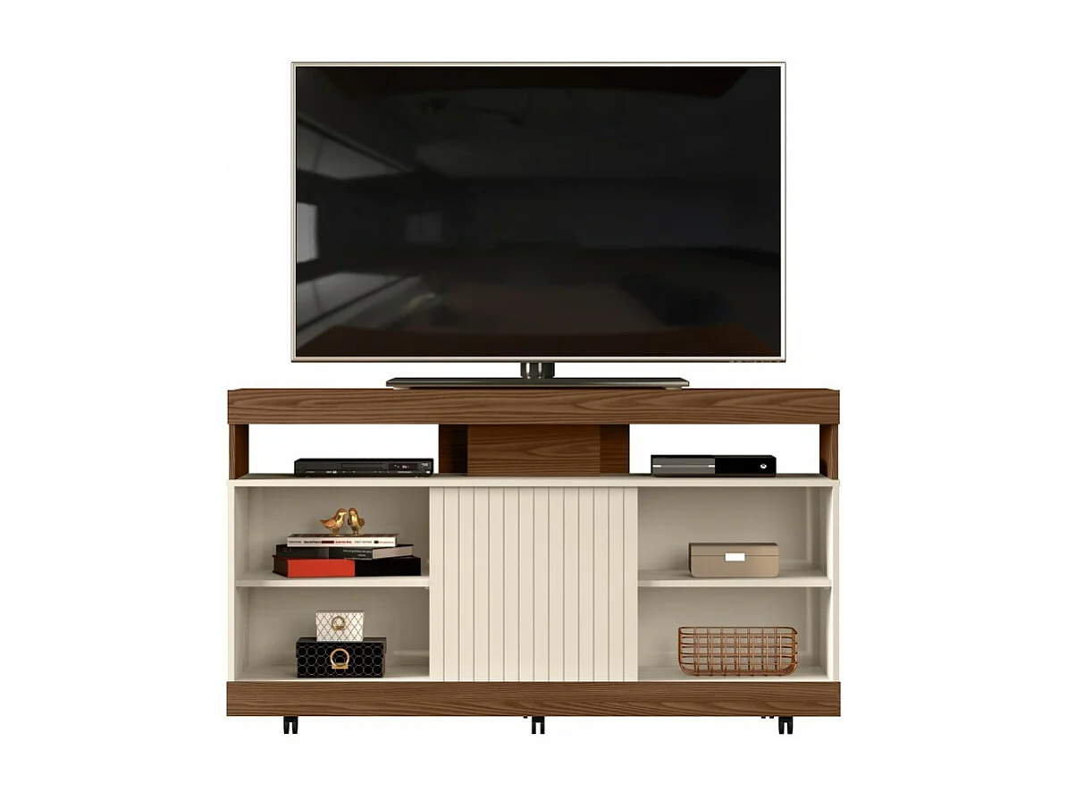 Meuble TV 50 Pouces Noyer et Ecru 8 Niches 1 Porte L 120.4 H 63.7 P 36.9 cm