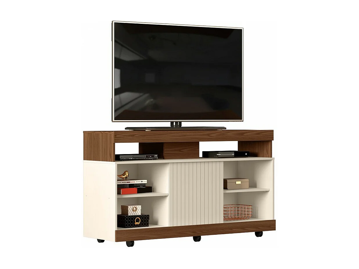 Meuble TV 50 Pouces Noyer et Ecru 8 Niches 1 Porte L 120.4 H 63.7 P 36.9 cm