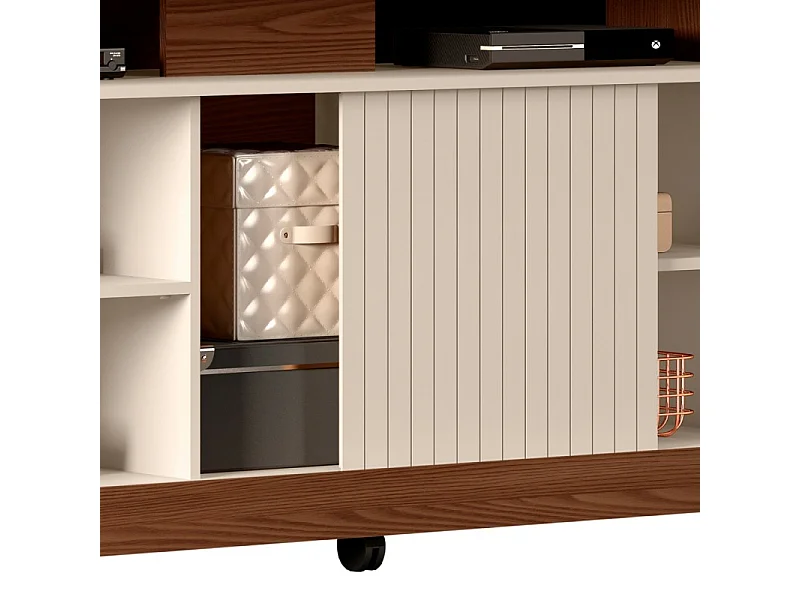 Meuble TV 50 Pouces Noyer et Ecru 8 Niches 1 Porte L 120.4 H 63.7 P 36.9 cm
