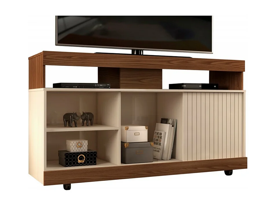 Meuble TV 50 Pouces Noyer et Ecru 8 Niches 1 Porte L 120.4 H 63.7 P 36.9 cm