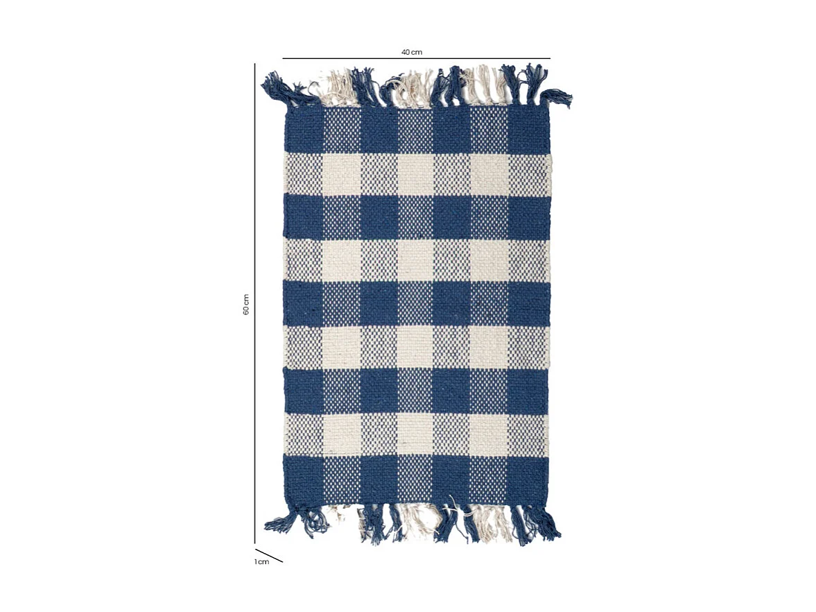 Tapis 40 x 60 cm coton brodé carreaux bleu et blanc et franges – ATLAS