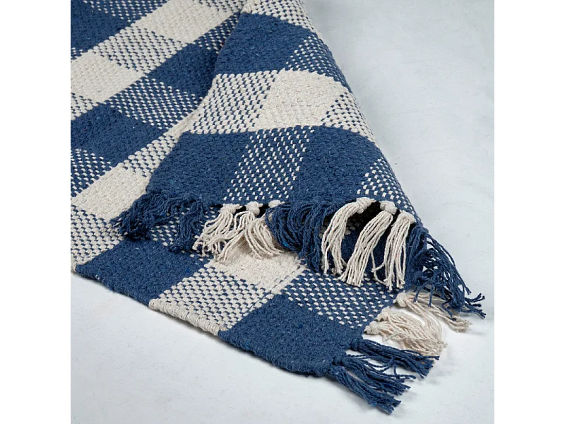 Tapis 40 x 60 cm coton brodé carreaux bleu et blanc et franges – ATLAS