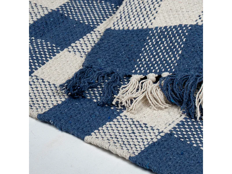 Tapis 40 x 60 cm coton brodé carreaux bleu et blanc et franges – ATLAS