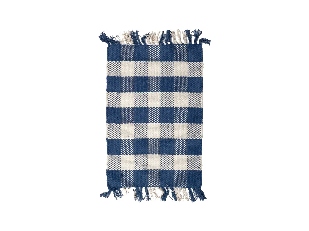 Tapis 40 x 60 cm coton brodé carreaux bleu et blanc et franges – ATLAS