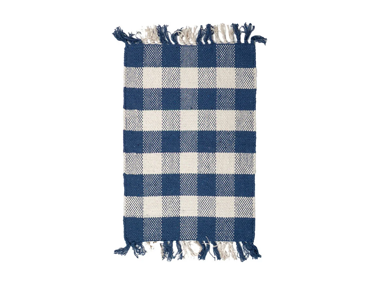 Tapis 40 x 60 cm coton brodé carreaux bleu et blanc et franges – ATLAS