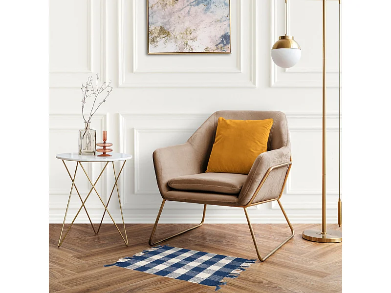 Tapis 40 x 60 cm coton brodé carreaux bleu et blanc et franges – ATLAS