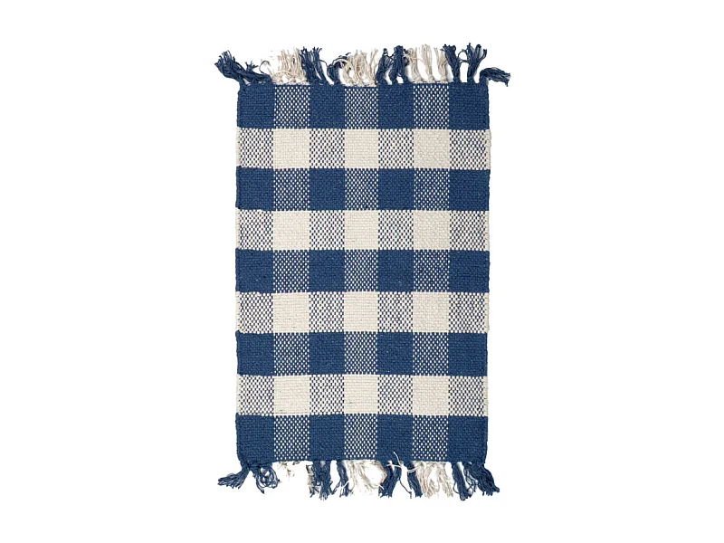 Tapis 40 x 60 cm coton brodé carreaux bleu et blanc et franges – ATLAS