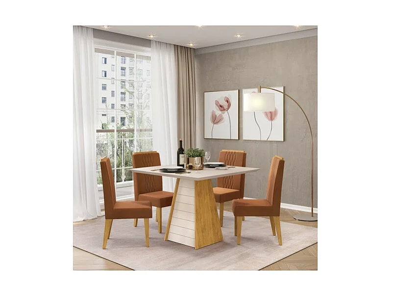 Table à Manger 4 Places Carrée Chêne et Blanc Dessus Verre L 90 H 80.7 cm