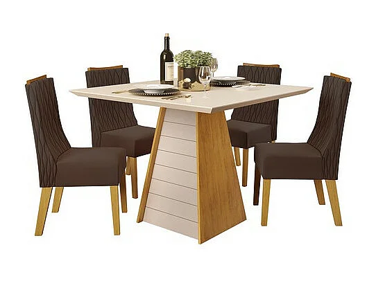 Table à Manger 4 Places Carrée Chêne et Blanc Dessus Verre L 90 H 80.7 cm