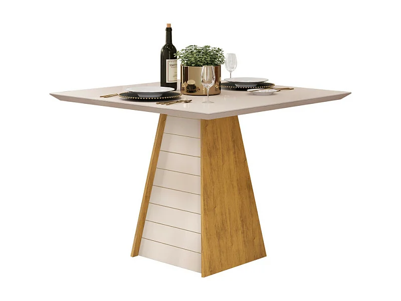 Table à Manger 4 Places Carrée Chêne et Blanc Dessus Verre L 90 H 80.7 cm