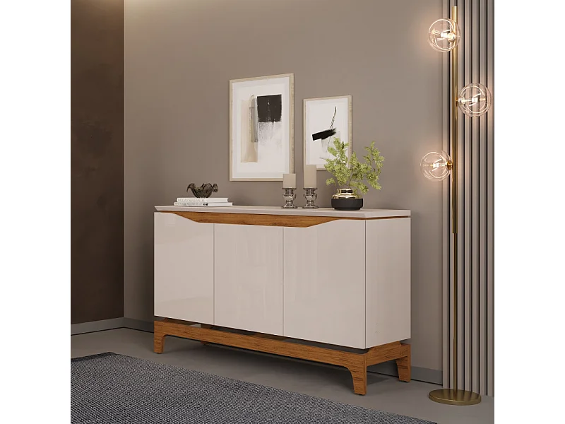 Buffet 3 Portes Blanc Ecru et Chêne 4 Niches L 139 H 80.5 P 36 cm