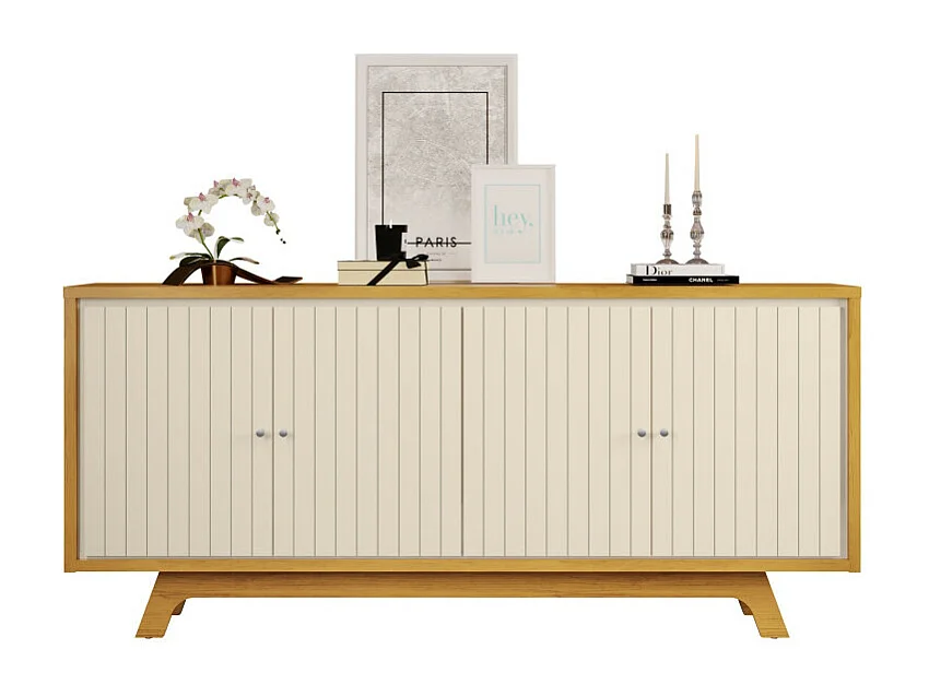 Buffet 4 Portes Miel et Blanc Ecru 4 NIches L 180 H 80.5 P 35.7 cm