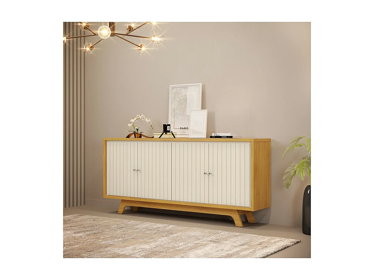 Buffet 4 Portes Miel et Blanc Ecru 4 NIches L 180 H 80.5 P 35.7 cm