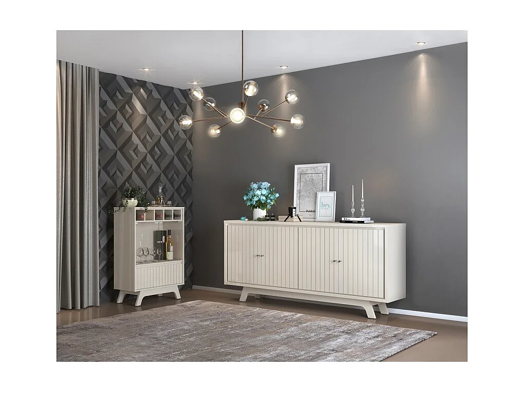 Buffet 4 Portes 4 Niches 2 Etagères Blanc Ecru L 180 H 80.5 P 35.7 cm