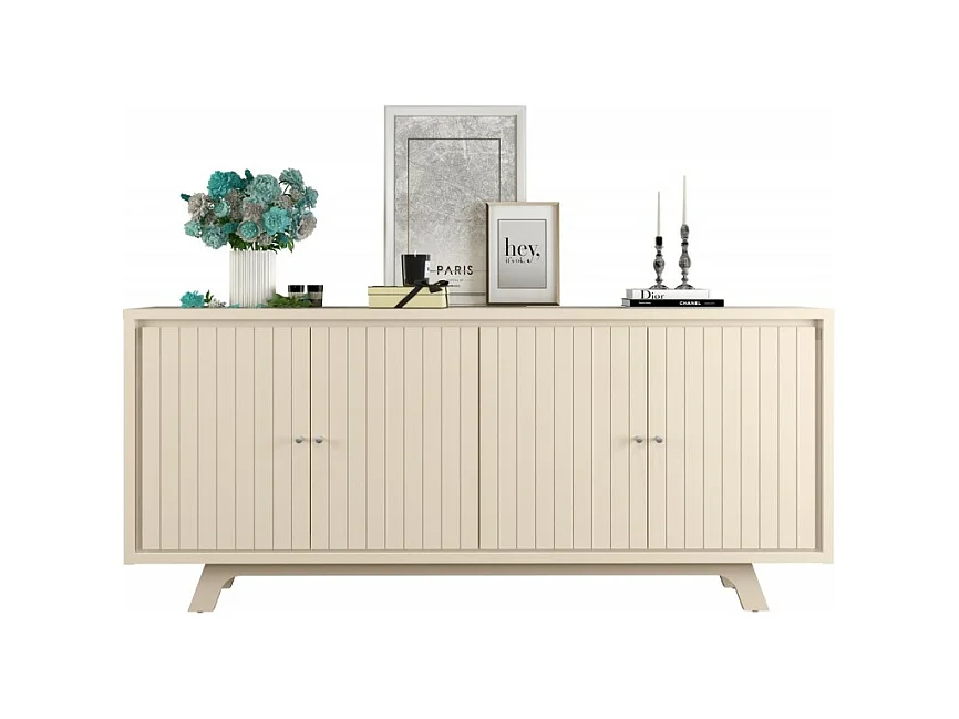 Buffet 4 Portes 4 Niches 2 Etagères Blanc Ecru L 180 H 80.5 P 35.7 cm