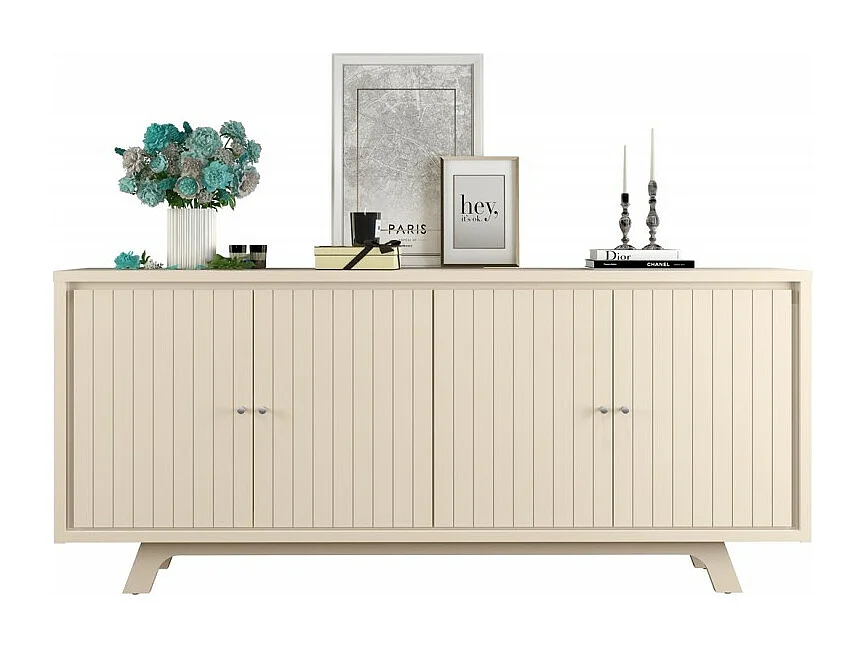 Buffet 4 Portes 4 Niches 2 Etagères Blanc Ecru L 180 H 80.5 P 35.7 cm