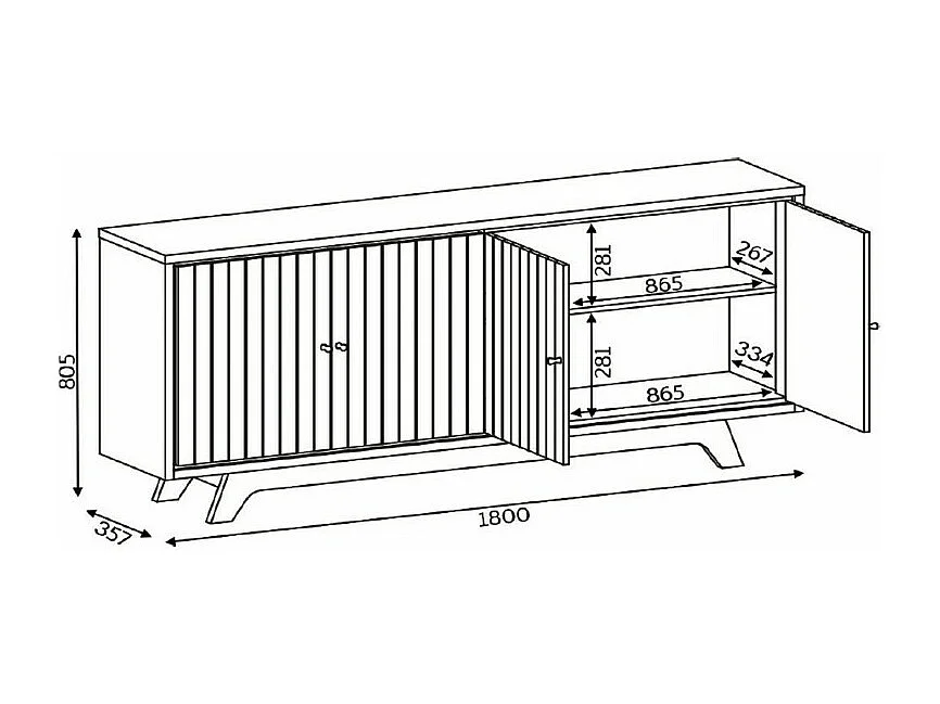 Buffet 4 Portes 4 Niches 2 Etagères Blanc Ecru L 180 H 80.5 P 35.7 cm
