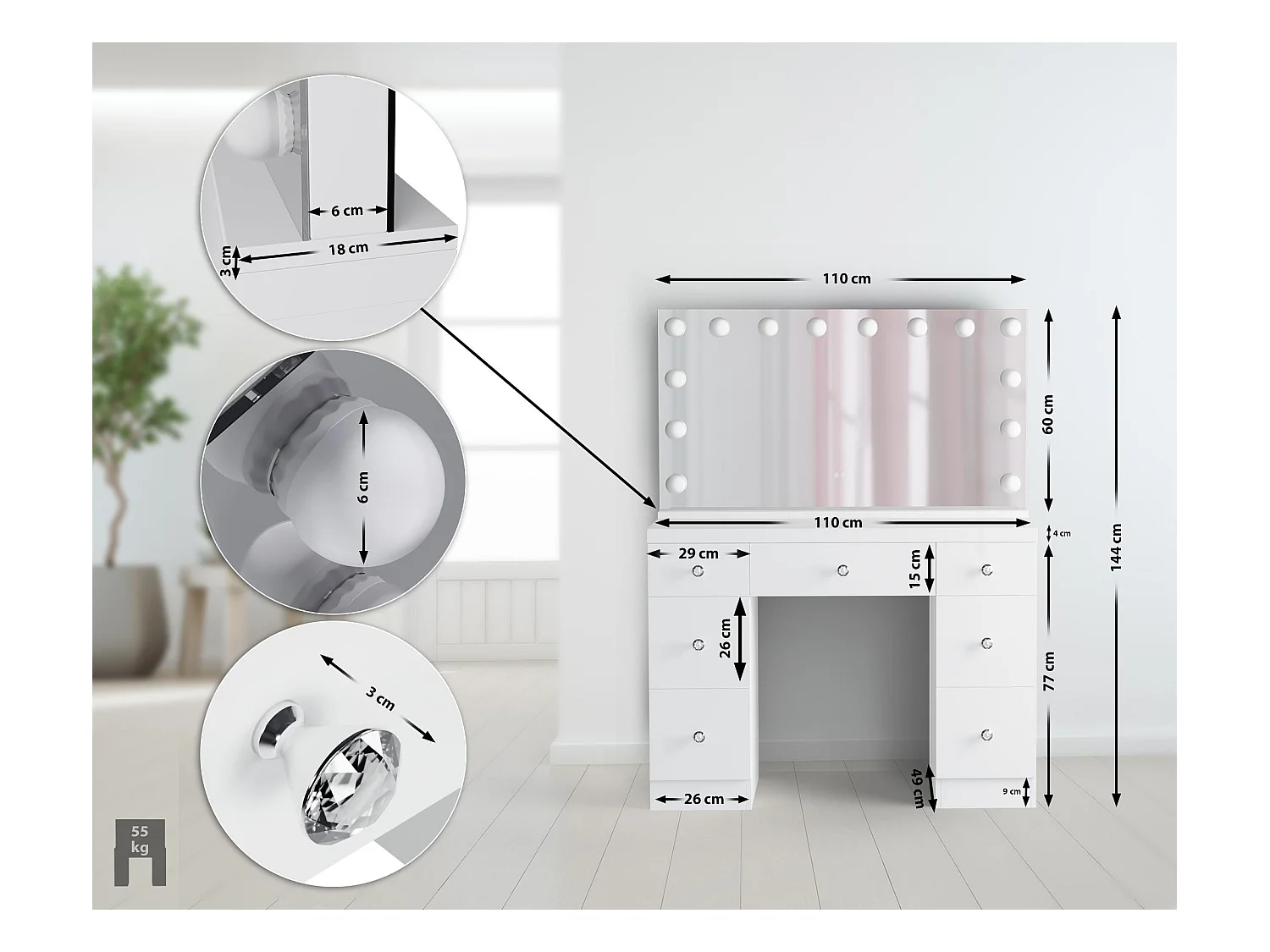 Coiffeuse - carré - Bois - 110 x 49 cm - Blanc - Lerona