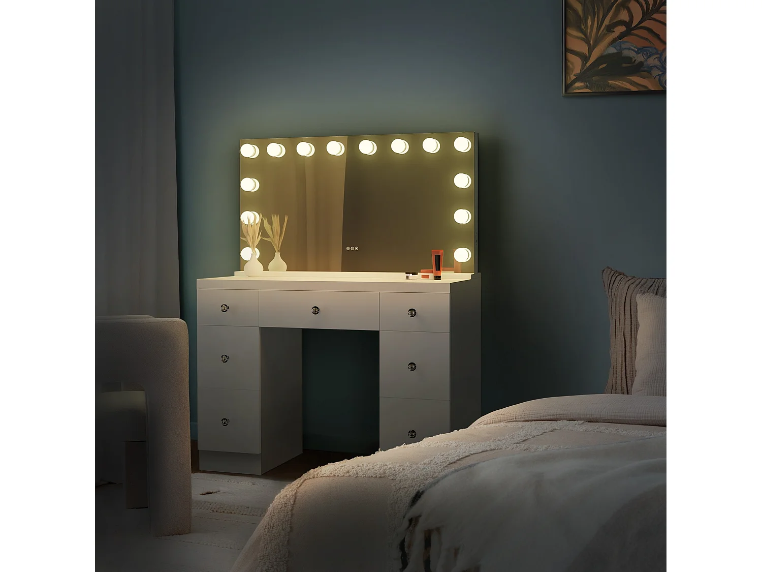 Coiffeuse - carré - Bois - 110 x 49 cm - Blanc - Lerona