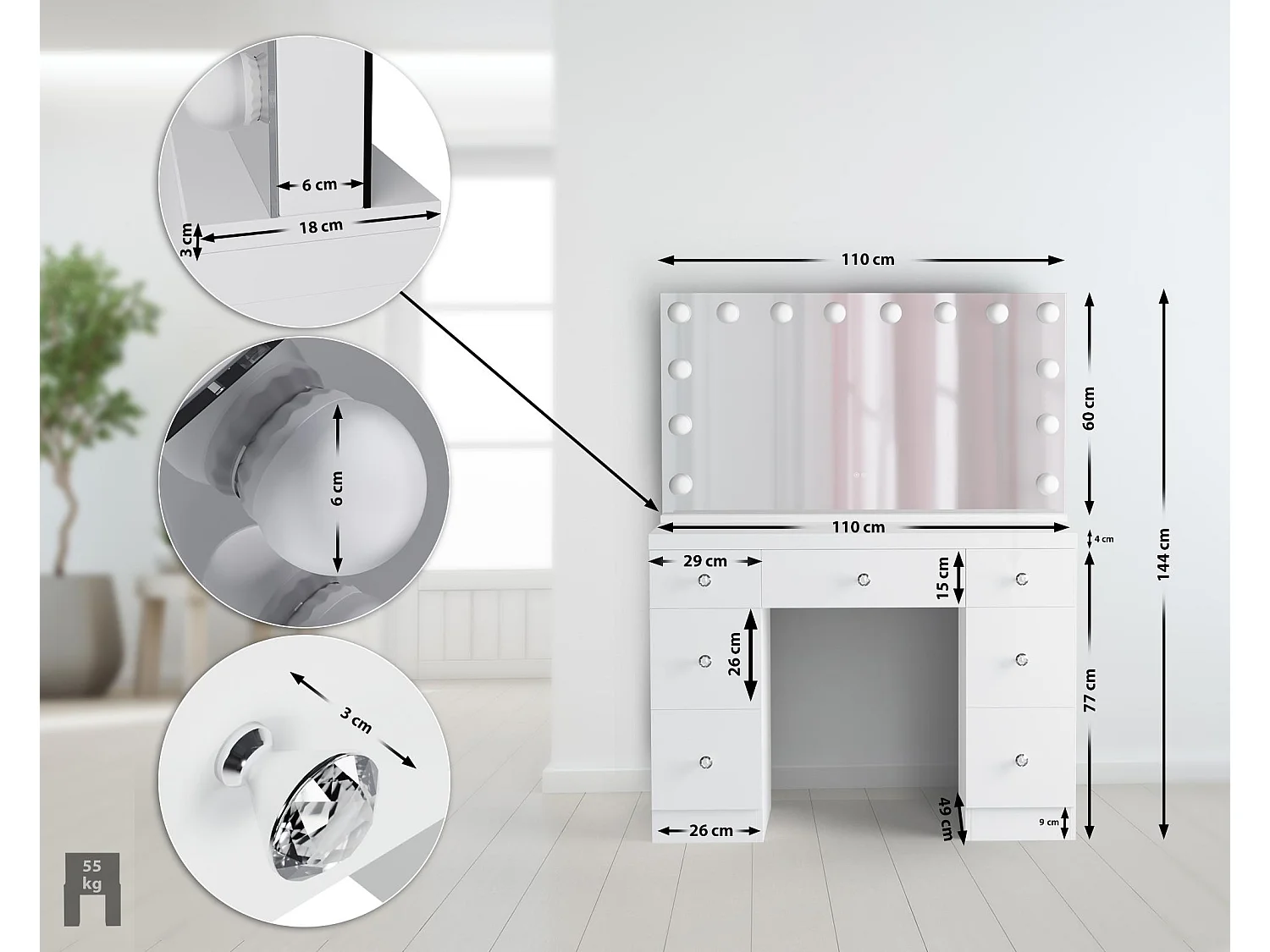 Coiffeuse - carré - Bois - 110 x 49 cm - Blanc - Lerona