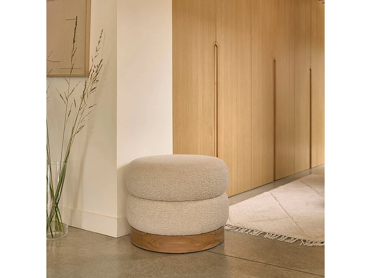 Pouf in teak massello e tessuto bouclé 55 cm