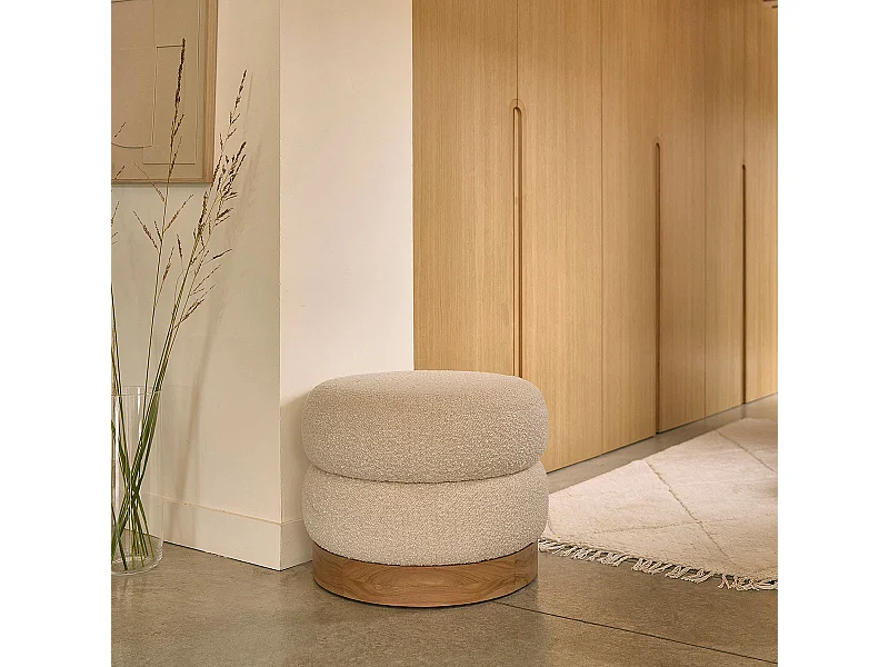 Pouf en teck massif et tissu bouclette 55 cm