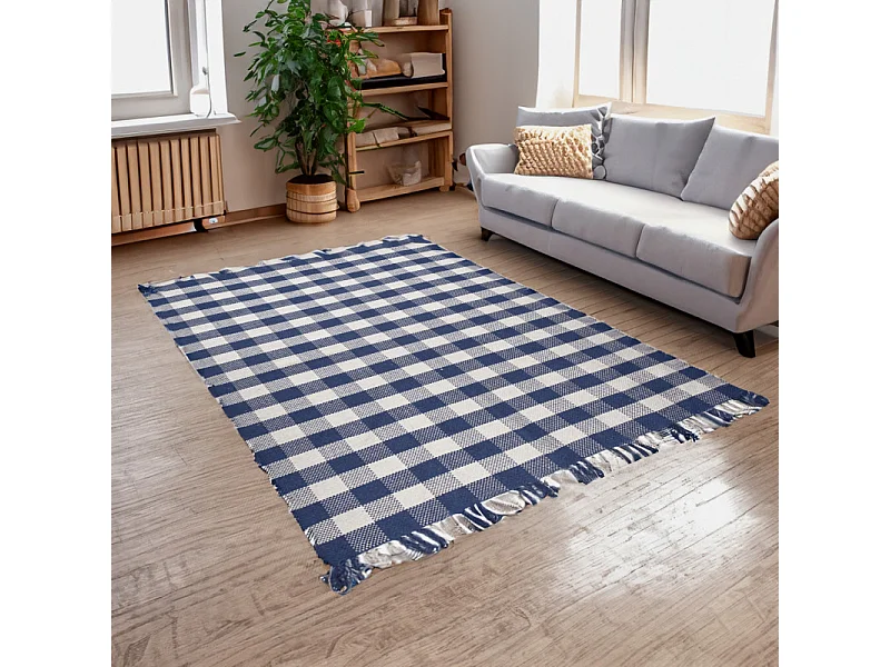 Tapis 120 x 180 cm en coton brodé à carreaux bleu et blanc – ATLAS