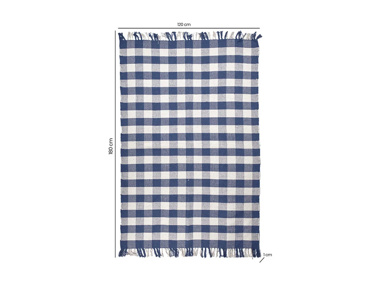 Tapis 120 x 180 cm en coton brodé à carreaux bleu et blanc – ATLAS