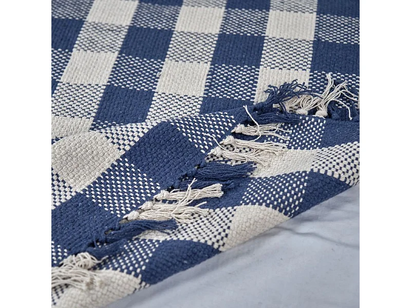 Tapis 120 x 180 cm en coton brodé à carreaux bleu et blanc – ATLAS