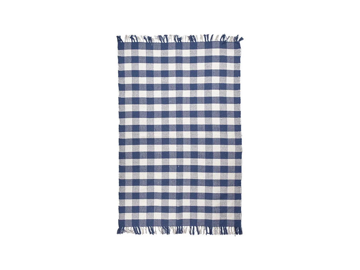 Tapis 120 x 180 cm en coton brodé à carreaux bleu et blanc – ATLAS