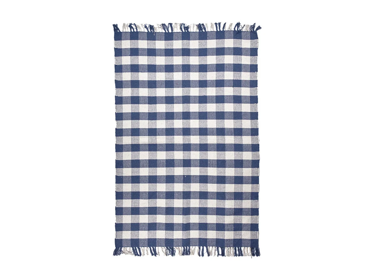 Tapis 120 x 180 cm en coton brodé à carreaux bleu et blanc – ATLAS