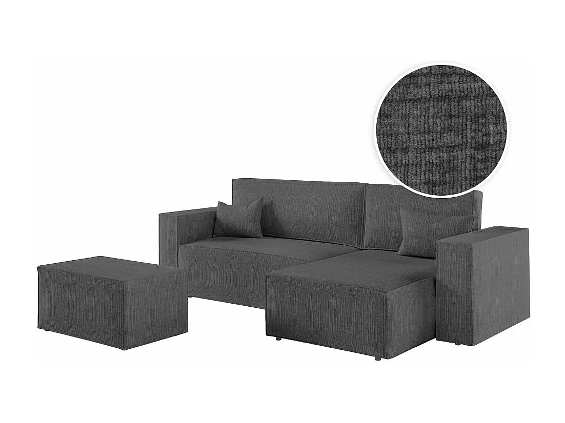 Pack - Clarisse - Canapé d'angle convertible réversible avec pouf en tissu texturé 3D - Gris anthracite - L269 x 159 x 89cm - Loungitude
