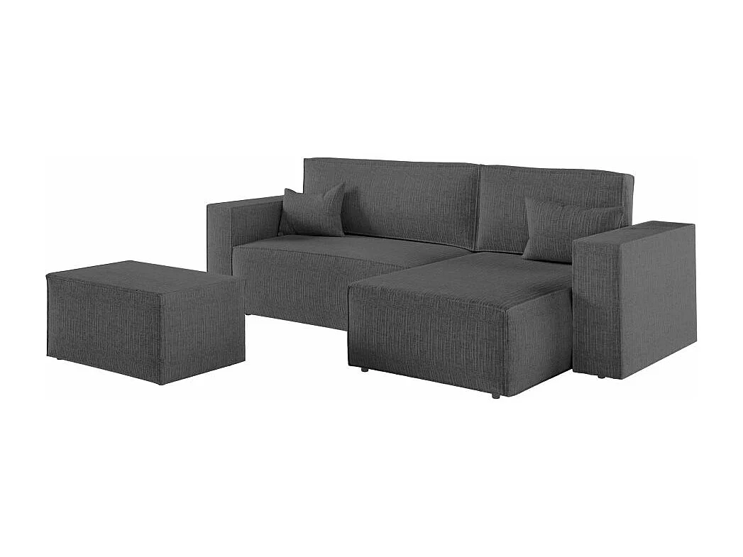 Pack - Clarisse - Canapé d'angle convertible réversible avec pouf en tissu texturé 3D - Gris anthracite - L269 x 159 x 89cm - Loungitude