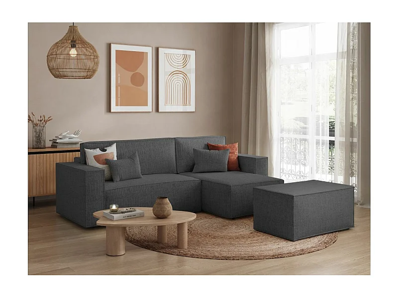 Pack - Clarisse - Canapé d'angle convertible réversible avec pouf en tissu texturé 3D - Gris anthracite - L269 x 159 x 89cm - Loungitude