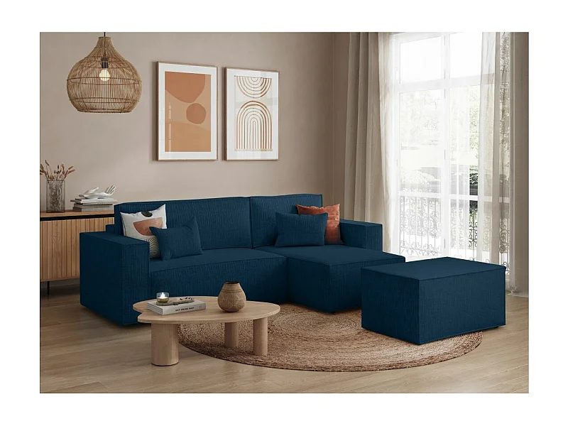 Pack - Clarisse - Canapé d'angle convertible réversible avec pouf en tissu texturé 3D - Bleu foncé - L269 x 159 x 89cm - Loungitude