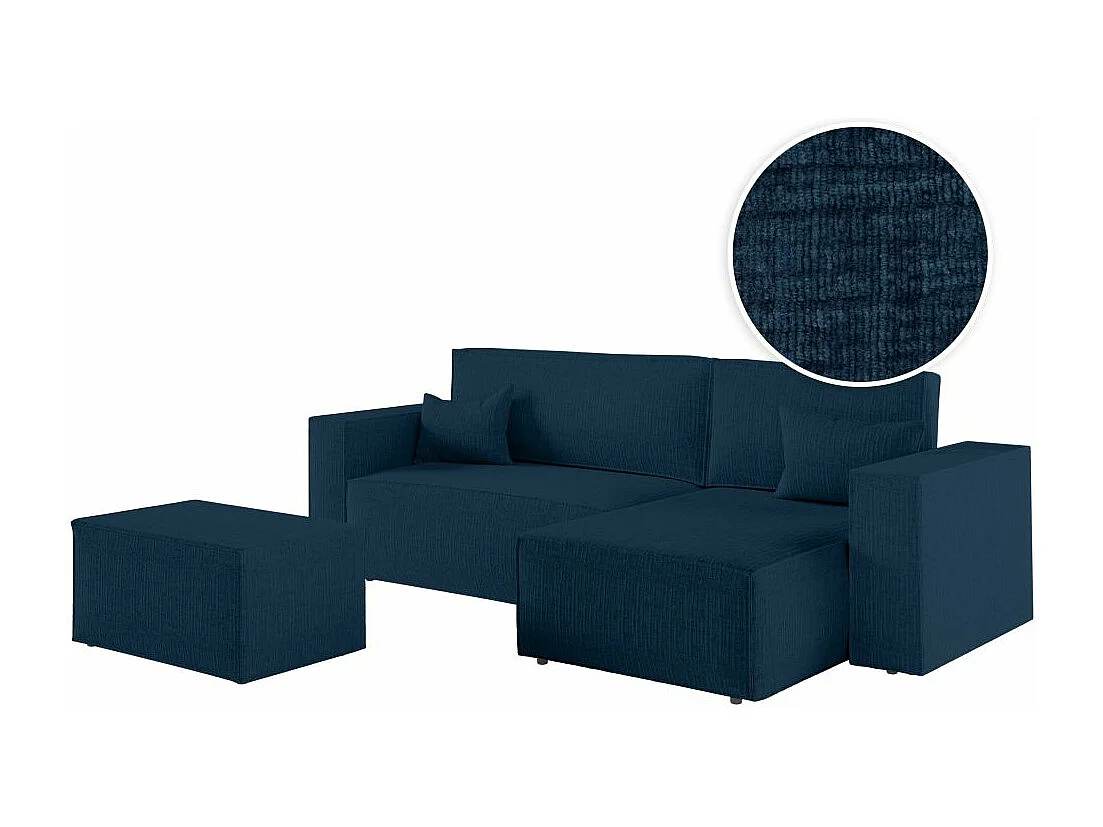 Pack - Clarisse - Canapé d'angle convertible réversible avec pouf en tissu texturé 3D - Bleu foncé - L269 x 159 x 89cm - Loungitude