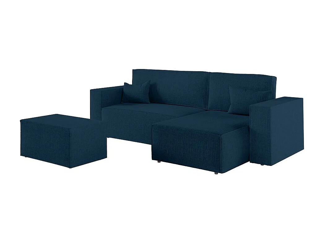Pack - Clarisse - Canapé d'angle convertible réversible avec pouf en tissu texturé 3D - Bleu foncé - L269 x 159 x 89cm - Loungitude
