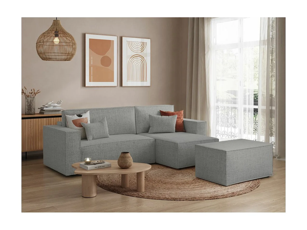 Pack - Clarisse - Canapé d'angle convertible réversible avec pouf en tissu texturé 3D - Gris clair - L269 x 159 x 89cm - Loungitude