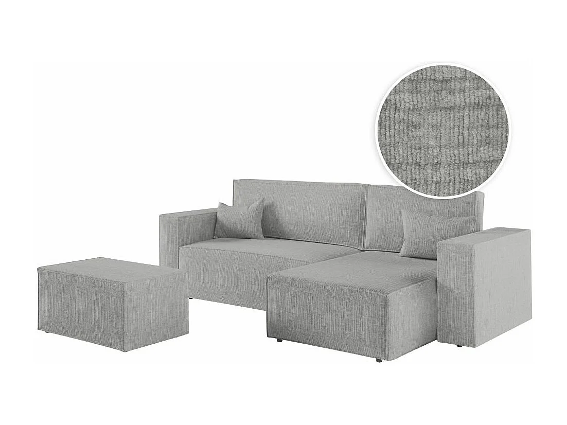 Pack - Clarisse - Canapé d'angle convertible réversible avec pouf en tissu texturé 3D - Gris clair - L269 x 159 x 89cm - Loungitude