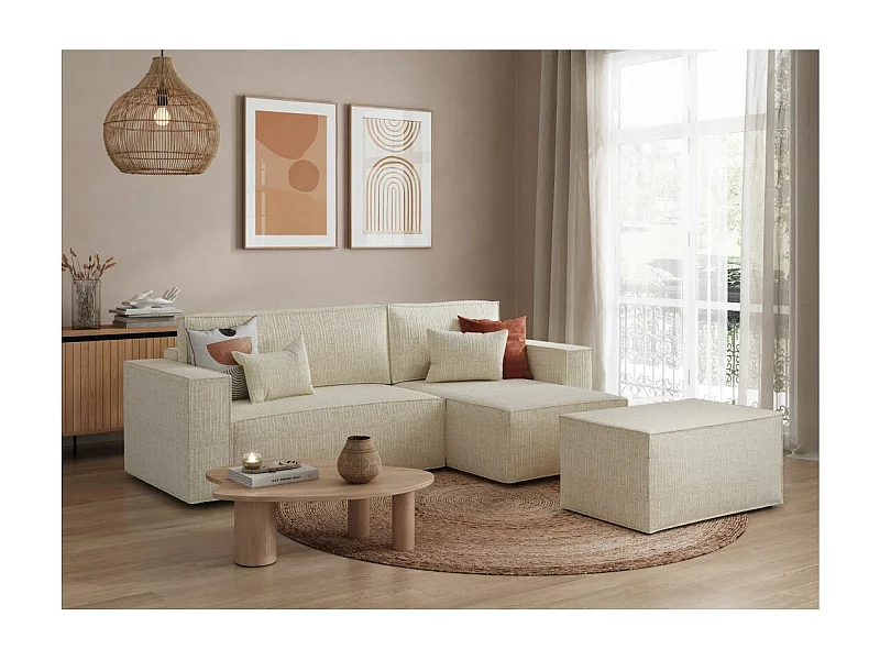Pack - Clarisse - Canapé d'angle convertible réversible avec pouf en tissu texturé 3D - Beige - L269 x 159 x 89cm - Loungitude