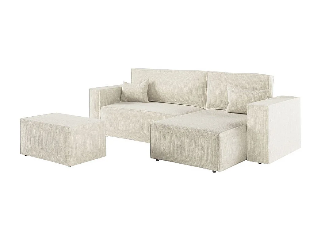Pack - Clarisse - Canapé d'angle convertible réversible avec pouf en tissu texturé 3D - Beige - L269 x 159 x 89cm - Loungitude