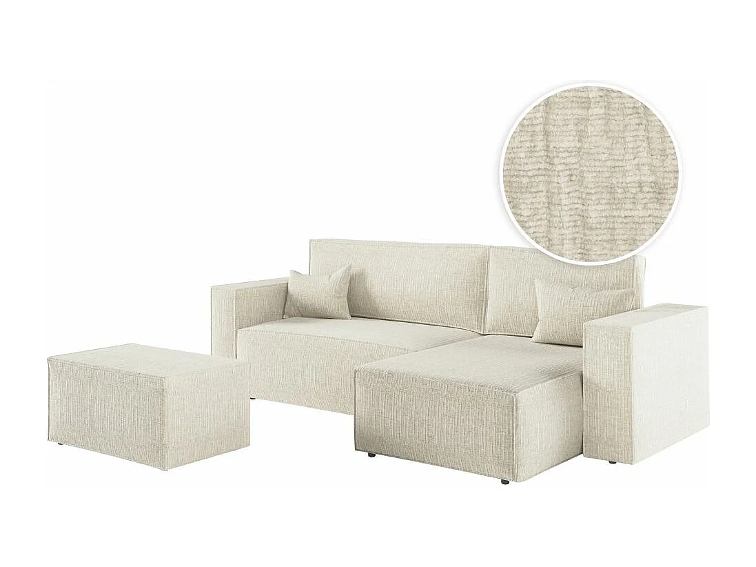 Pack - Clarisse - Canapé d'angle convertible réversible avec pouf en tissu texturé 3D - Beige - L269 x 159 x 89cm - Loungitude