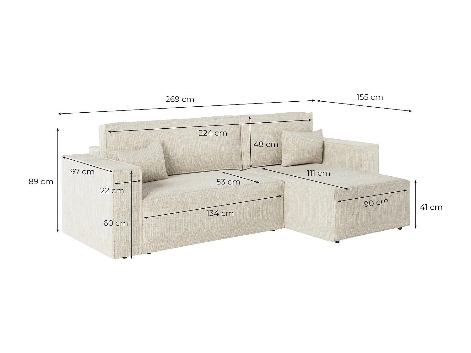 Pack - Clarisse - Canapé d'angle convertible réversible avec pouf en tissu texturé 3D - Beige - L269 x 159 x 89cm - Loungitude
