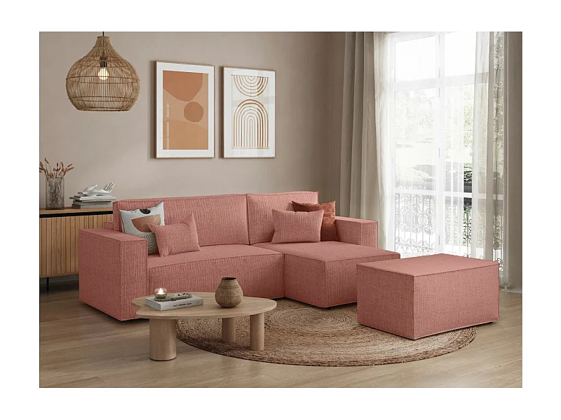 Pack - Clarisse - Canapé d'angle convertible réversible avec pouf en tissu texturé 3D - Rose - L269 x P159 x H89cm - Loungitude