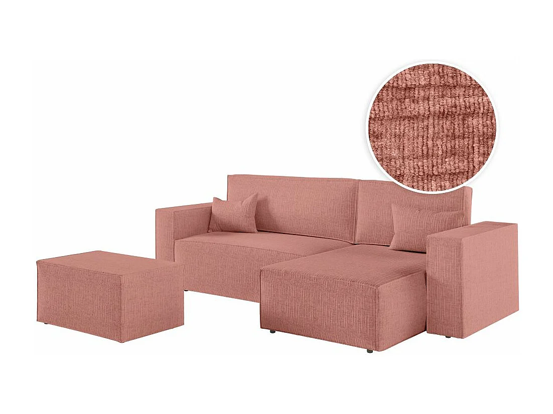Pack - Clarisse - Canapé d'angle convertible réversible avec pouf en tissu texturé 3D - Rose - L269 x P159 x H89cm - Loungitude