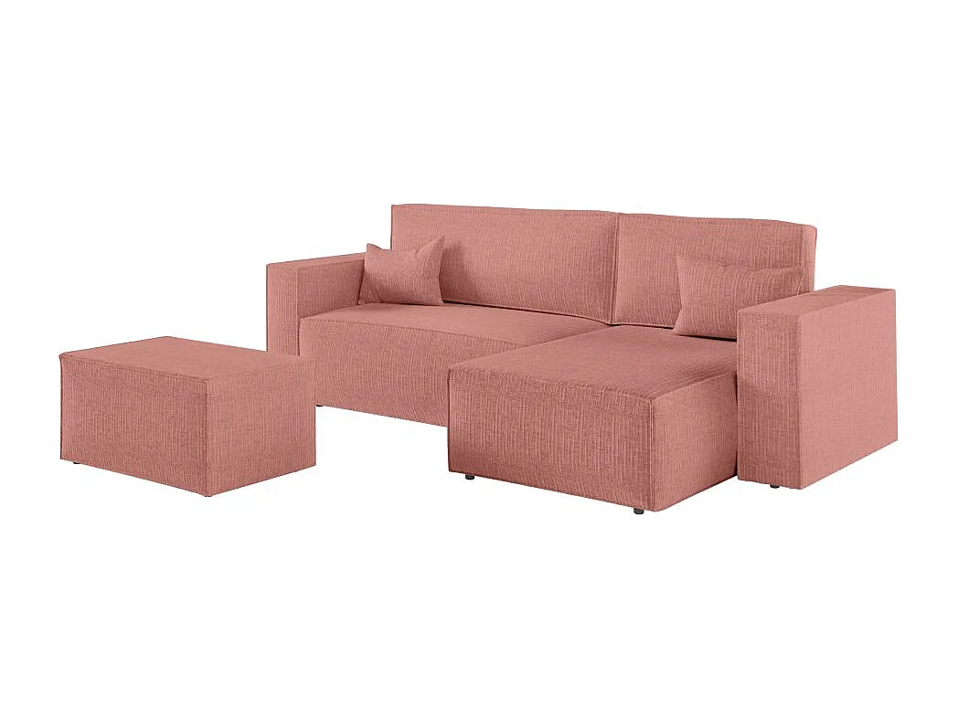 Pack - Clarisse - Canapé d'angle convertible réversible avec pouf en tissu texturé 3D - Rose - L269 x P159 x H89cm - Loungitude