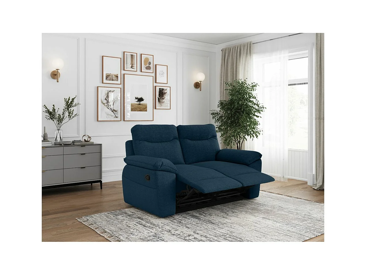Canapé de relaxation manuel Ross 2 places en tissu texturé 3D - Bleu foncé - L160 x P100 x H102cm - Loungitude